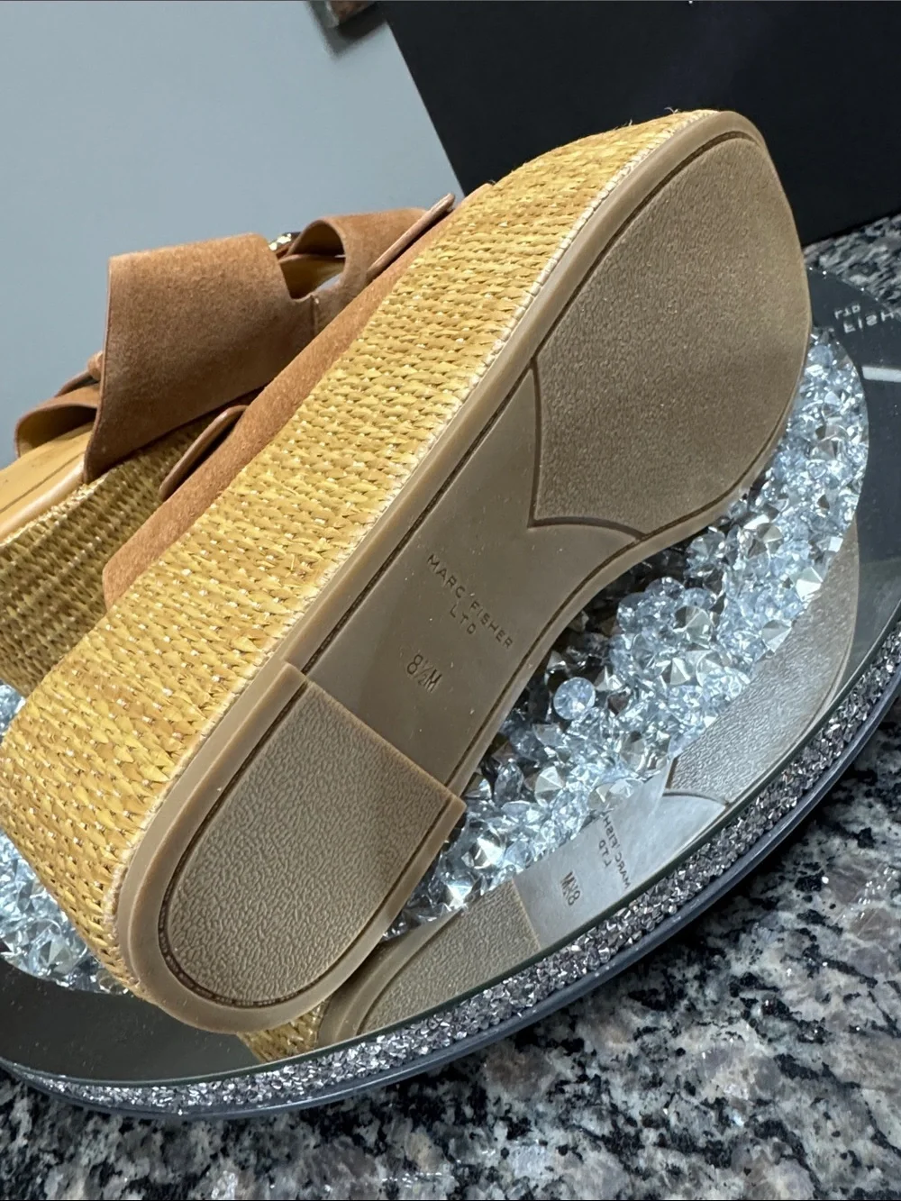 Marc Fisher Palery leather Suede Tan Platform Slide Sandals Buckles Woven sole